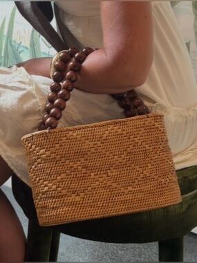 Rattan Basket Wooden Bead Handle Bag
